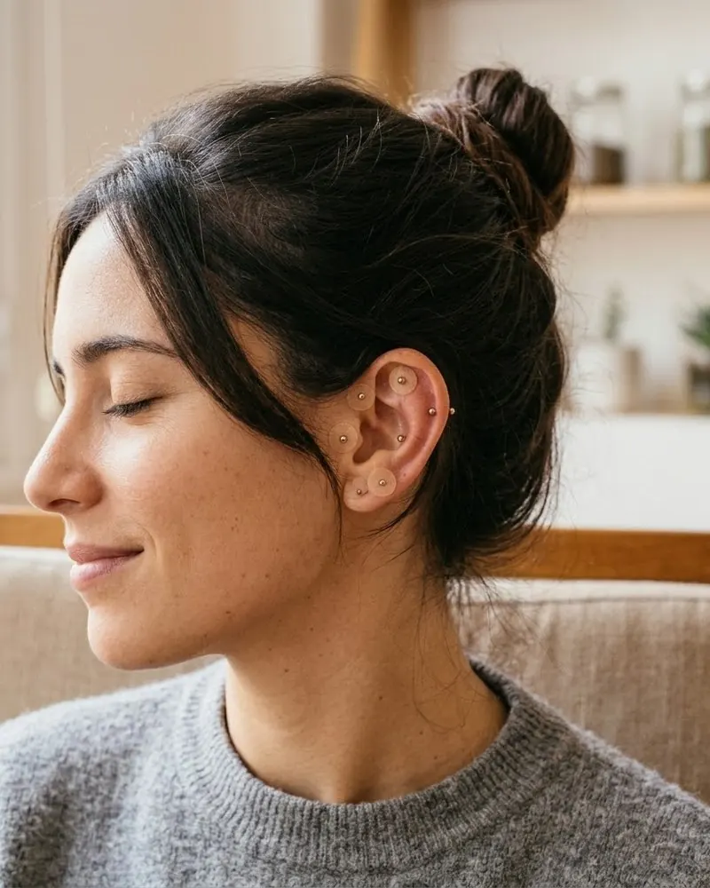 Mujer relajada con semillas de auriculoterapia en la oreja