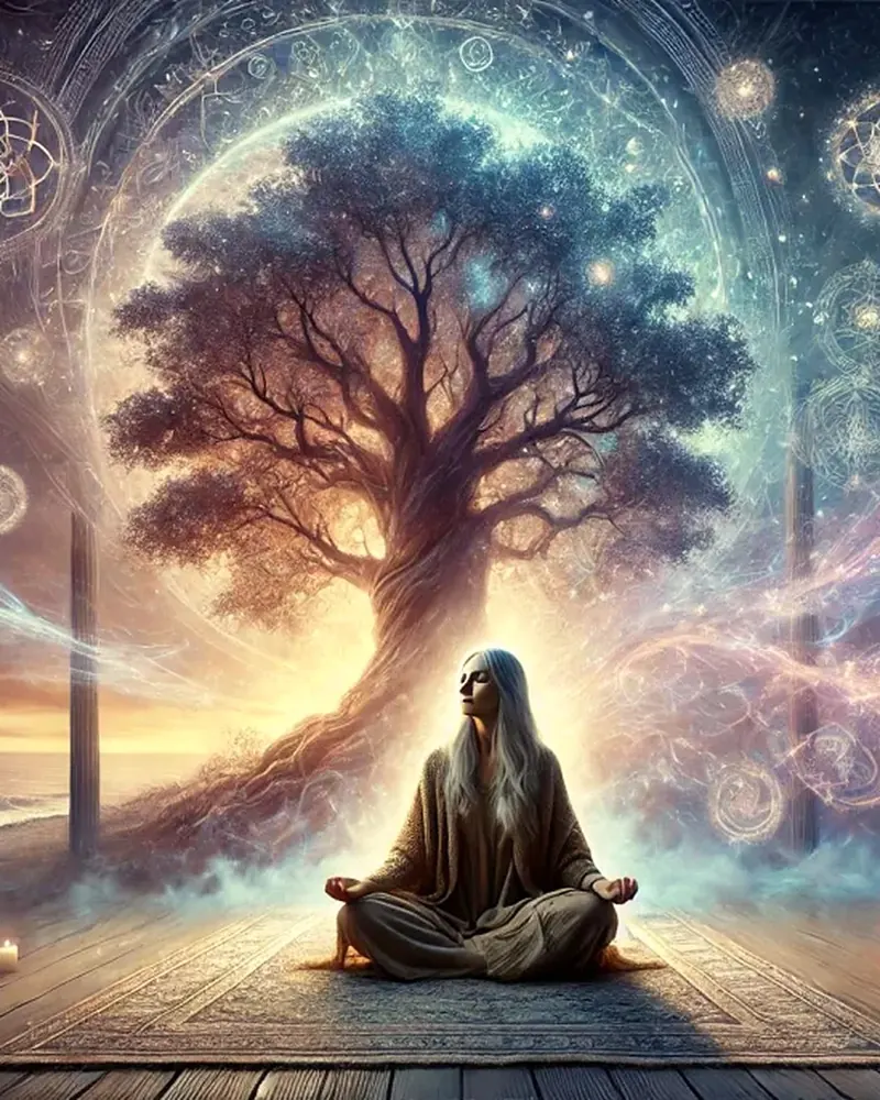 Ilustración de una mujer meditando bajo un árbol de luz, imagen del Taller de Registros Akáshicos